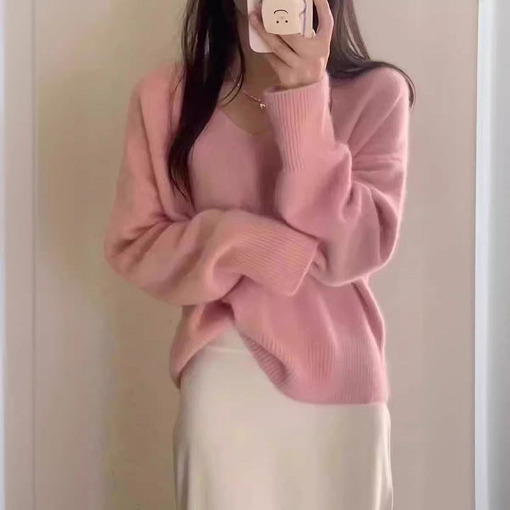 Kvinder Elegant V-Hals Sweater med Ribbet Struktur og Casual Snit Stilla