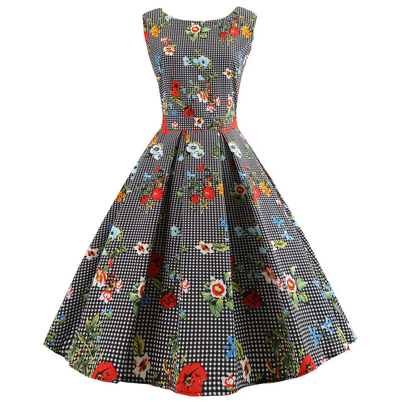 Kvinders Retro A-Linie Kjole med Blomstermotiver og Klassisk Ternet Design Stilla
