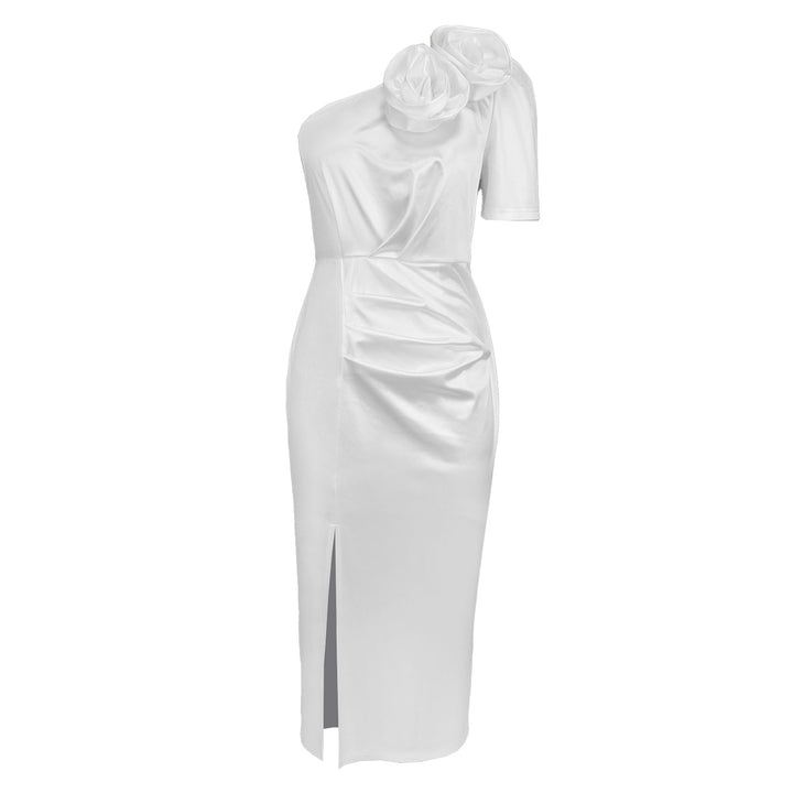 Dame Elegant wrap dress with off-the-shoulder design and decorative flowers