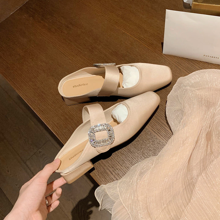 Dame Elegante Quadratåede Slingback Ballerinaer med Rhinestones Spænde Stilla