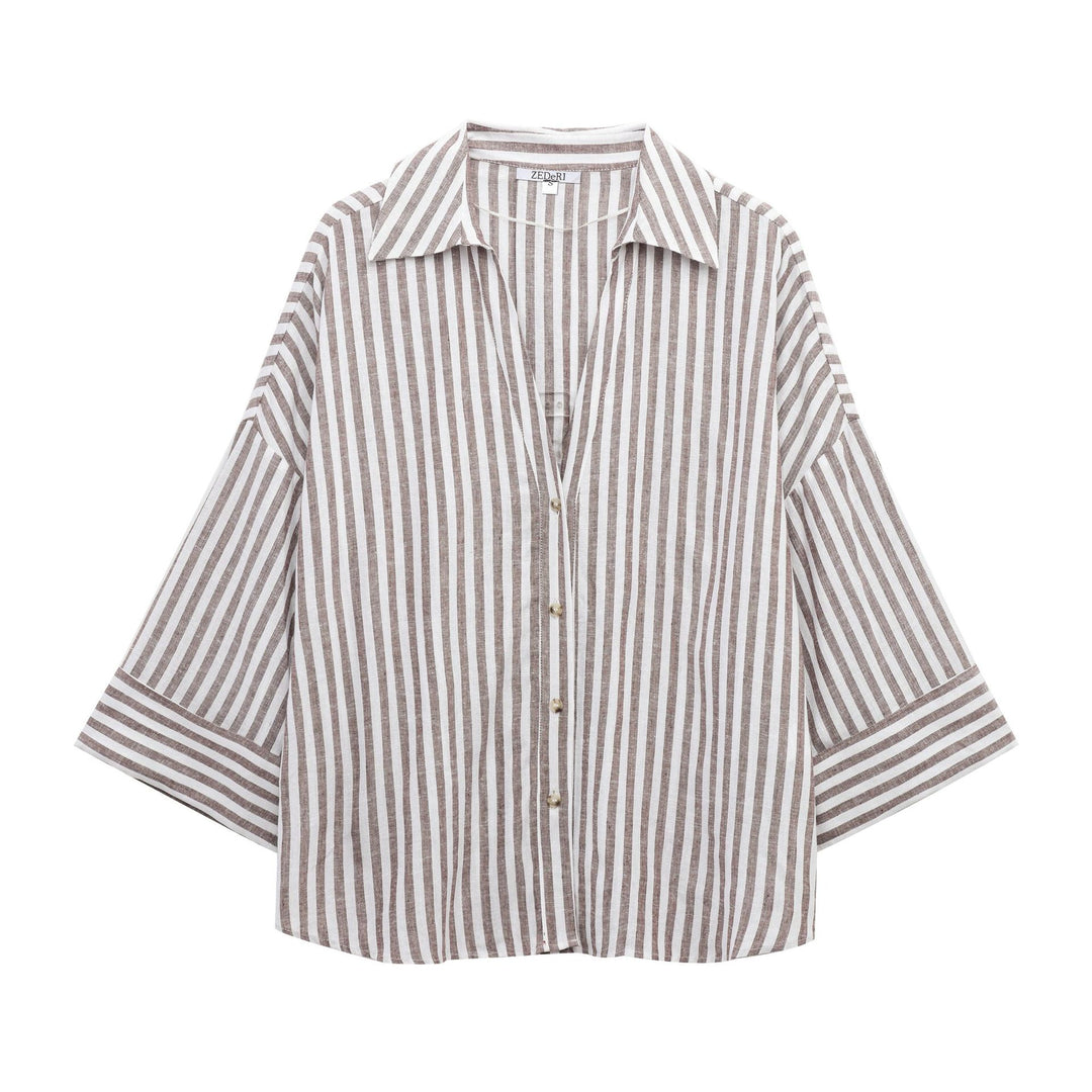 Femme Stribet Knap-Op Linned Bluse Stilla