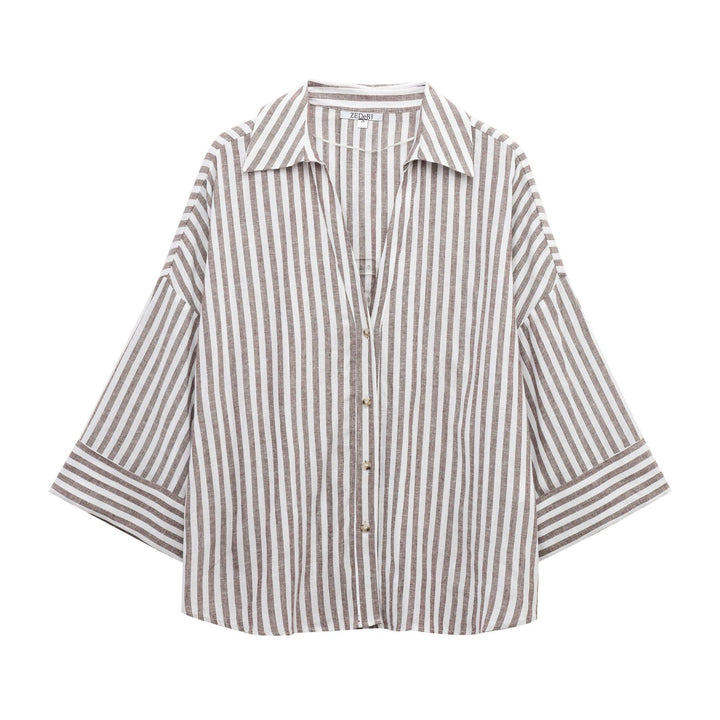 Femme Stribet Knap-Op Linned Bluse Stilla