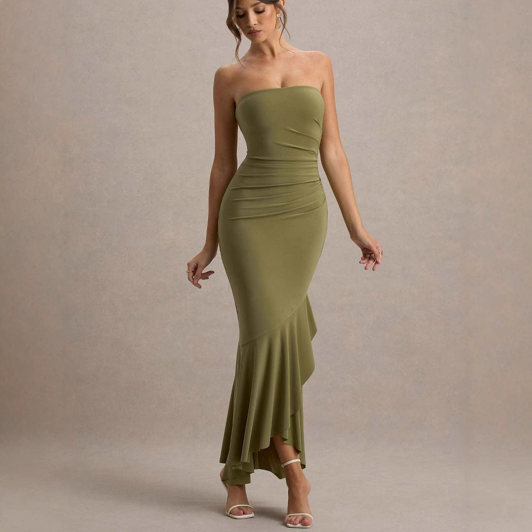Dame Elegant, figursyet langærmet kjole med asymmetrisk kant og flæse detaljer Stilla