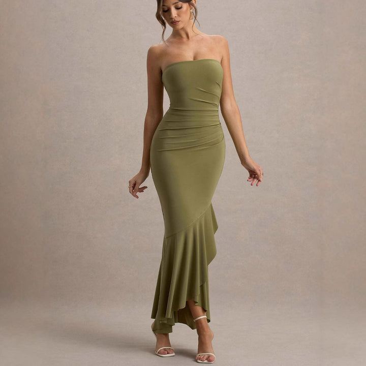Dame Elegant, figursyet langærmet kjole med asymmetrisk kant og flæse detaljer Stilla
