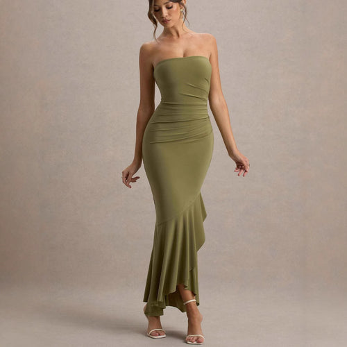 Dame Elegant, figursyet langærmet kjole med asymmetrisk kant og flæse detaljer Stilla