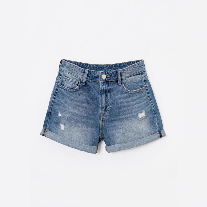 Dame fashionable destroyed denim shorts med opsmøget kant og casual detaljer Stilla
