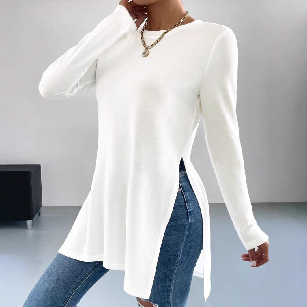 Dame fashion langærmet tunika top med sidelængder og rund pas Stilla