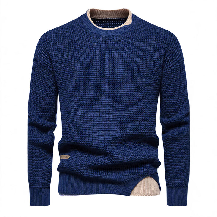 Herre Struktureret Strikket Rundhalset Pullover med Kontrastdetaljer Stilla