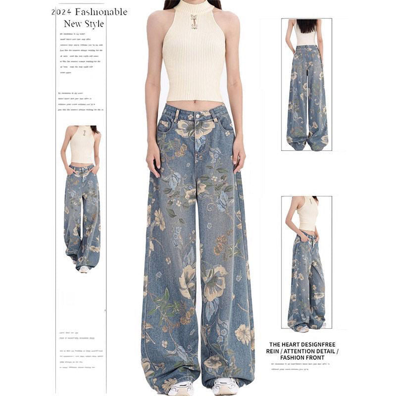 Damer brede jeans med blomster mønster Stilla