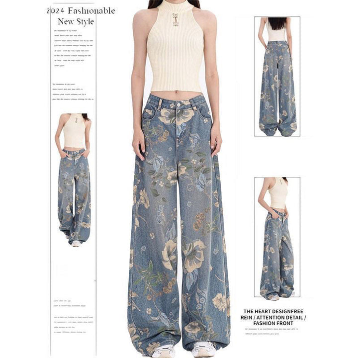 Damer brede jeans med blomster mønster Stilla