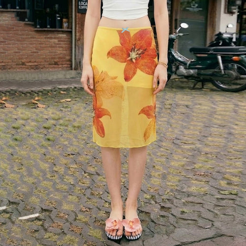 Damer midi-nederdel med blomster chiffon og elastisk linning Skovae