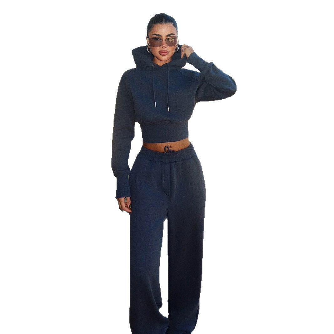 Kvindernes fashionable og komfortable cropped hoodie sæt med elastisk talje Skovae