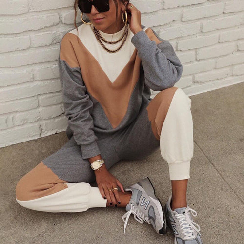 Stilla | Fashionabel Farveblokket Sweatshirt To-Delt Sæt