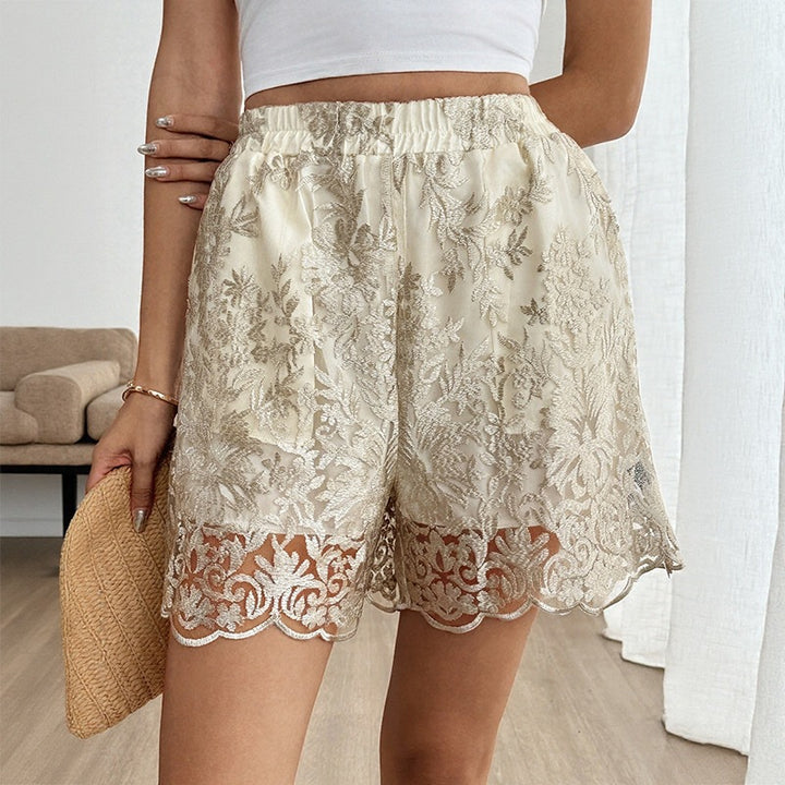 Dame Elegant Satin-Shorts med spidsbroderi og elastisk talje Skovae