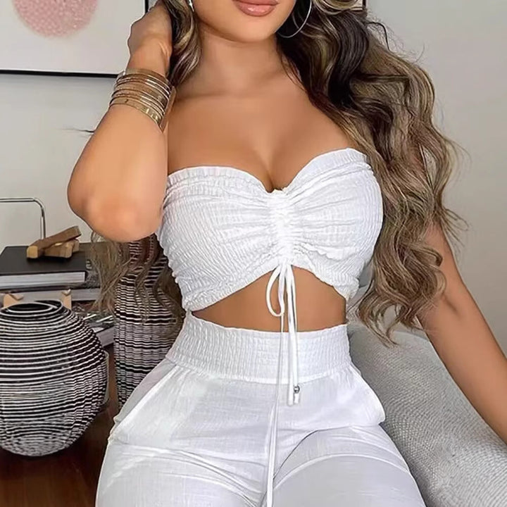 Dame To-delt Outfit lavet af let materiale med justerbar Crop-Top og High-Waist-Bukser Skovae
