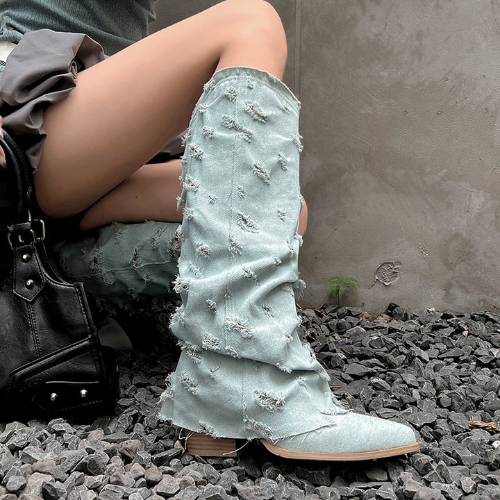 Femme Distressed Over-knæet Denim Støvler Stilla