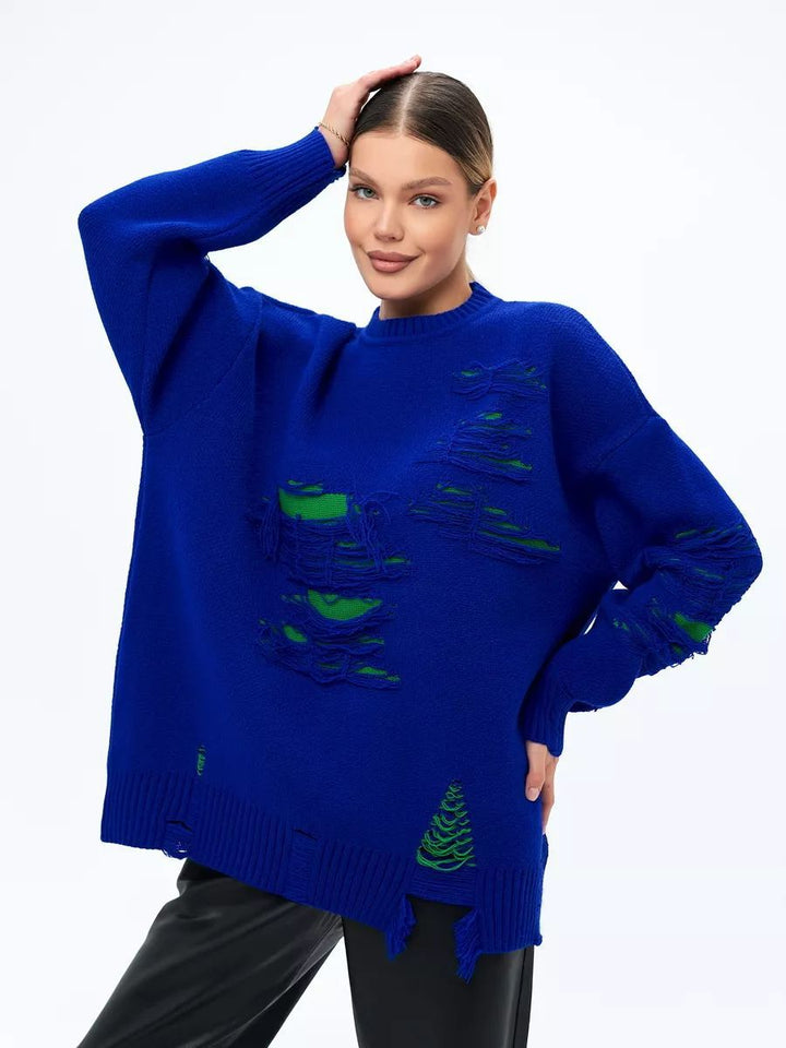 Dame Oversized Strikpullover med moderne Distressed-design og afslappede frynser Stilla