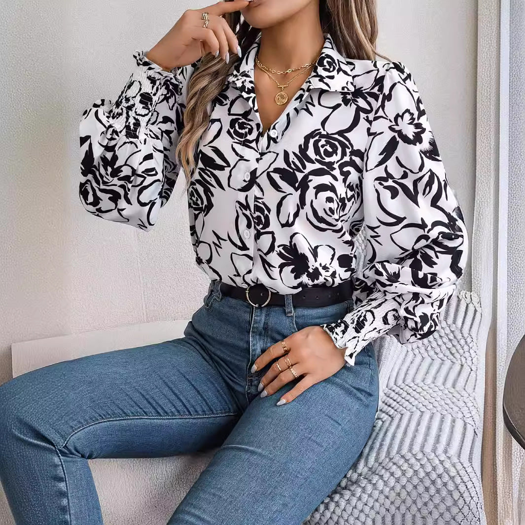 Dame Elegant Bluse med floral design og puffærmer Stilla