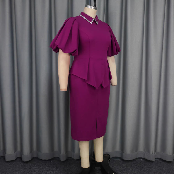 Damer Figurtilpasset Peplum Kjole med Puffærmer og Glitterkrave Skovae