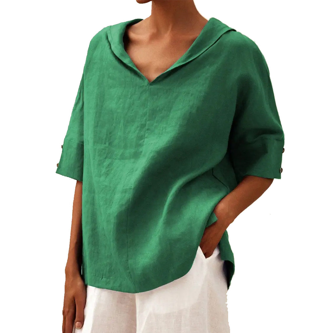 Dame afslappet linned blouse med hætte og korte ærmer Stilla