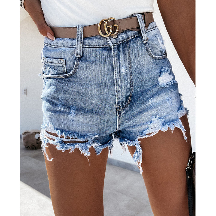 Dame jeans-shorts i afslappet destroyed-stil med frynset kant Stilla