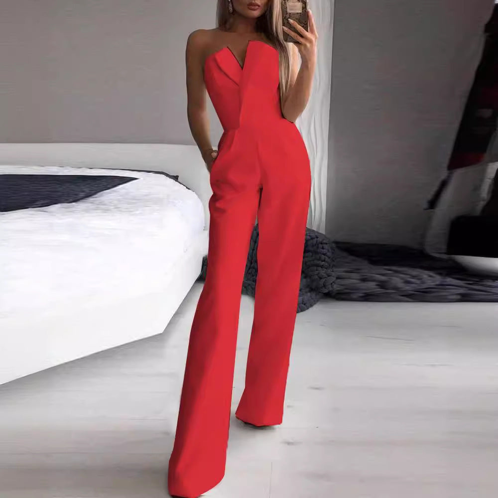 Dame Elegant Jumpsuit med tragtformet U-hals og bredt ben Stilla