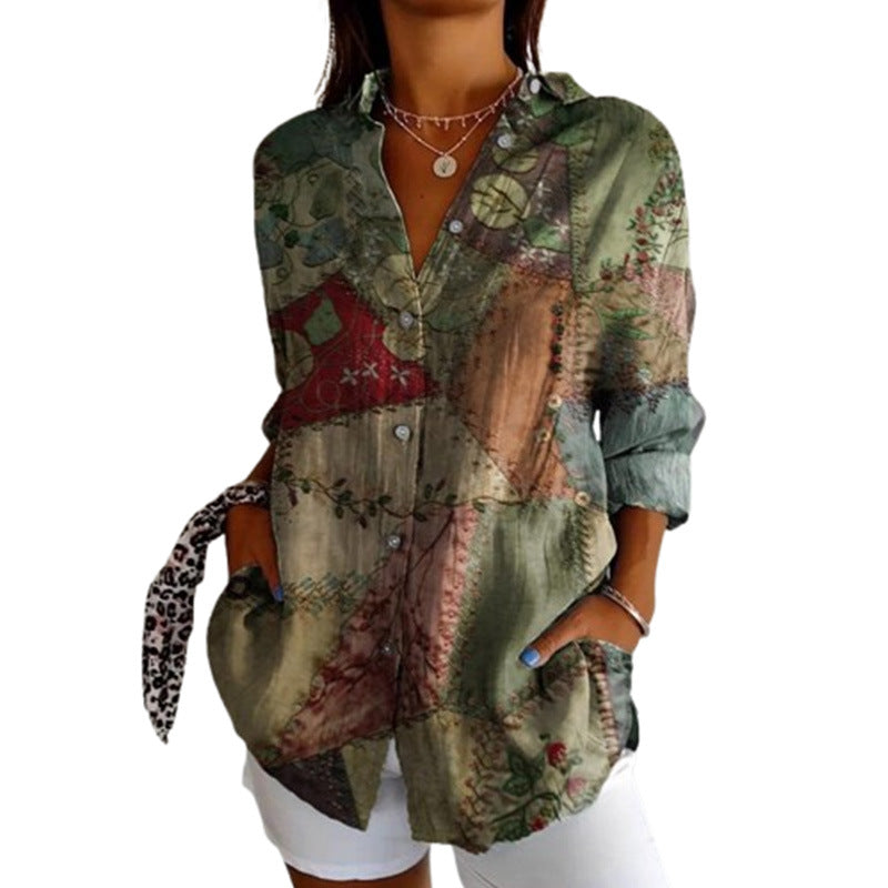 Dame Casual Skjortebluse med kreativt Patchwork-design Stilla