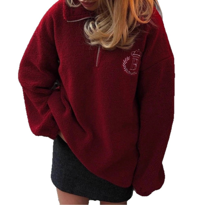 Dame oversized fleece pullover med lynlås og broderet logo Stilla