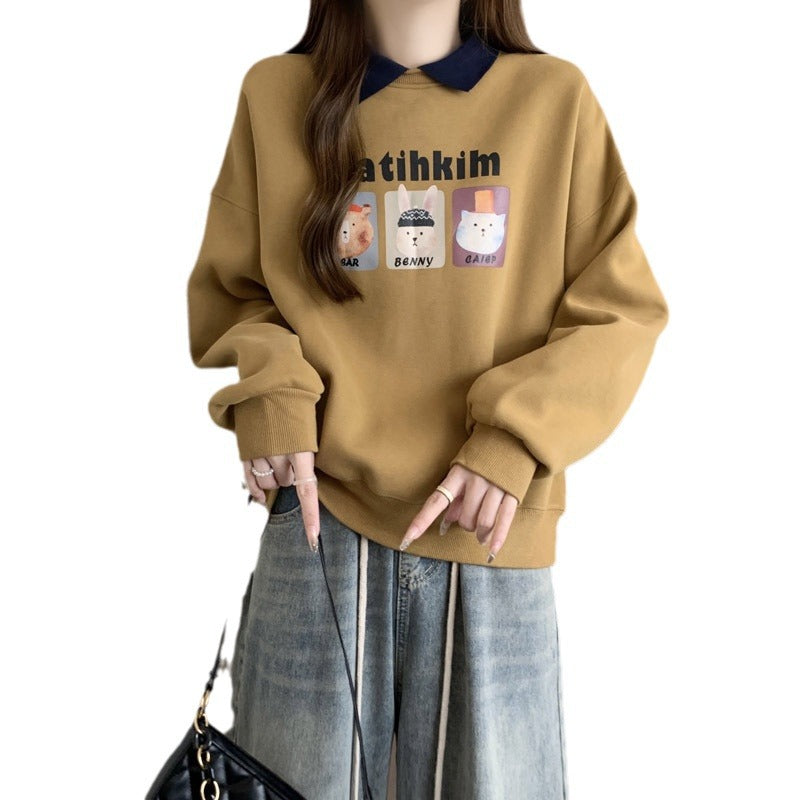 Femme Lækkert grafik-sweatshirt med kontrastkraveskilling Stilla