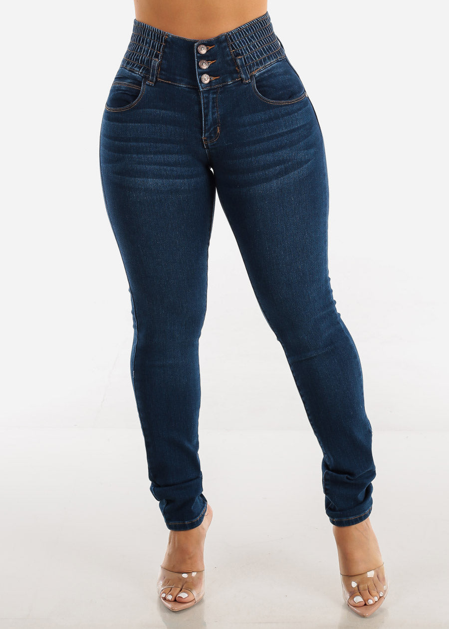 Dame Højtaljede Skinny Jeans med elastisk talje og knapdetaljer Stilla