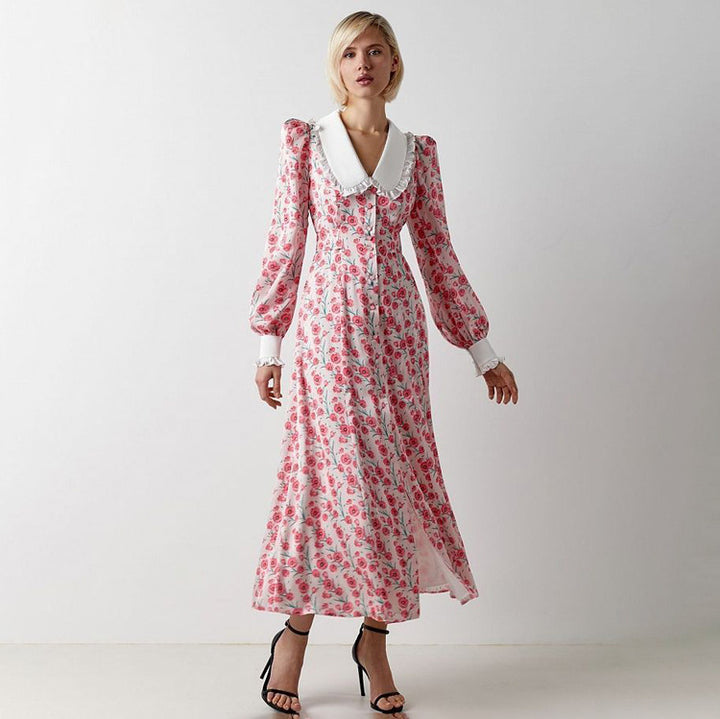 Dame Midi-kjole med blomsterprint og klassisk krave Stilla