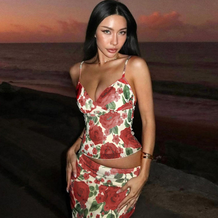 Dame Floral Print Spaghetti-Rem Zuitdeler Sæt Stilla