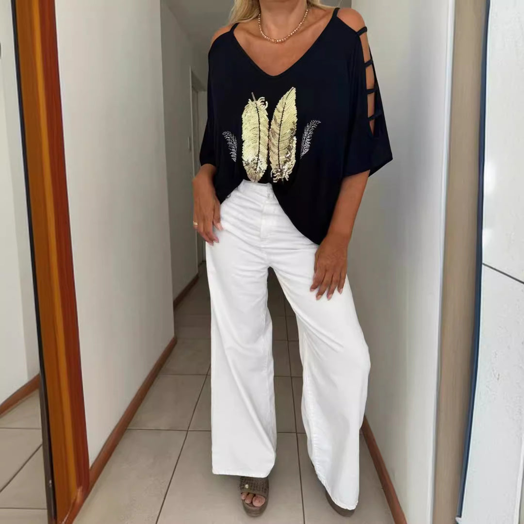 Dame oversized T-Shirt med elegant broderi og åbne skuldre Stilla