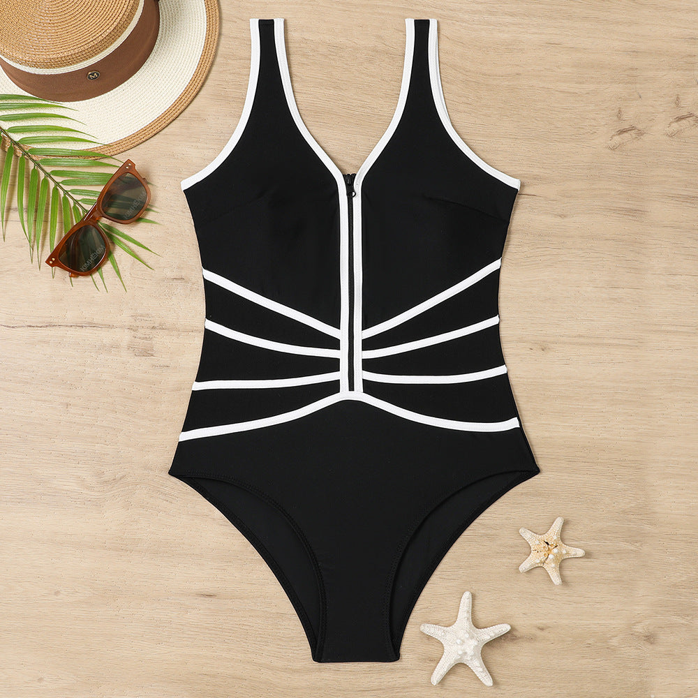 Dame Sporty One-Piece Badedragt med Lynlås og Kontrastpaneler Stilla