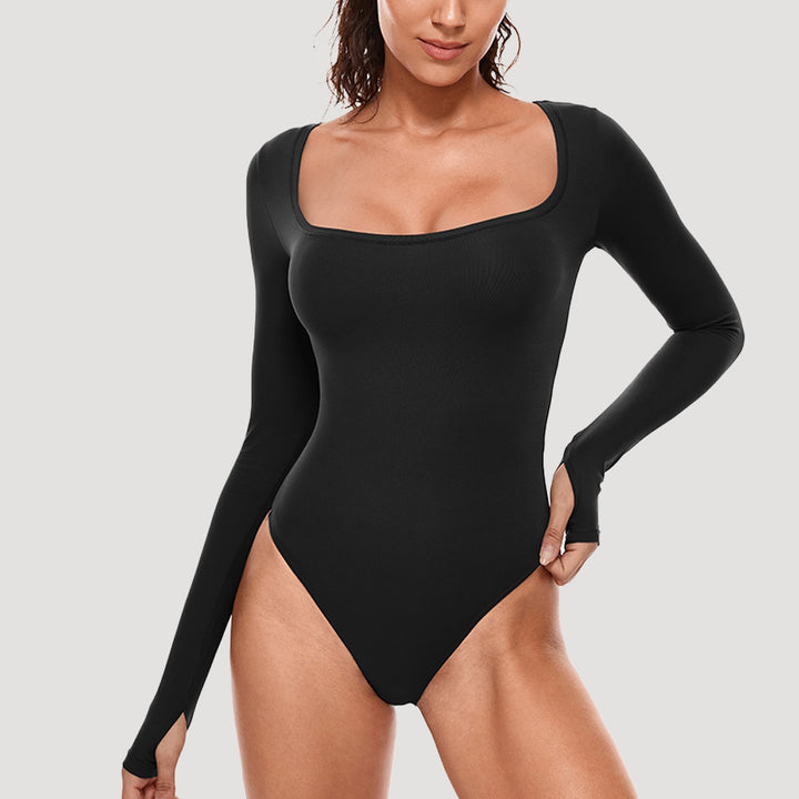 Dame Elegant Langærmet Bodysuit i strækbart materiale med dyb udskæring Stilla