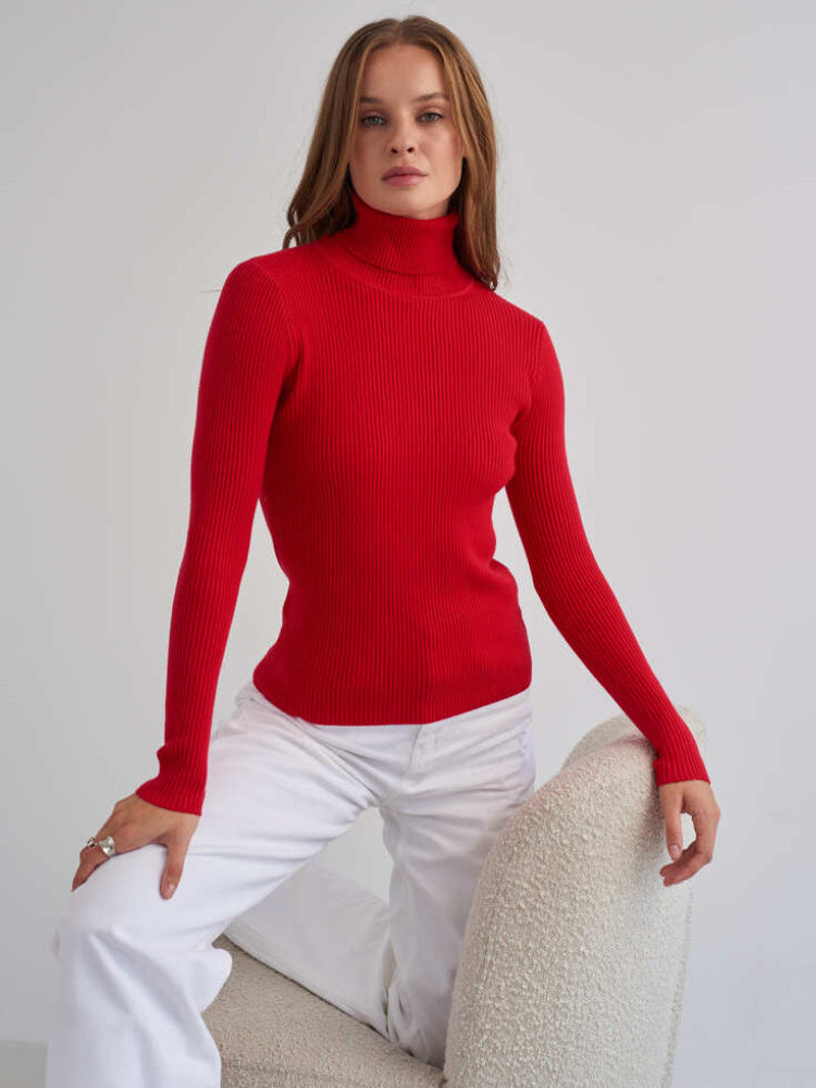Kvinders lang sweater med høj krave og fin ribbet tekstur Stilla