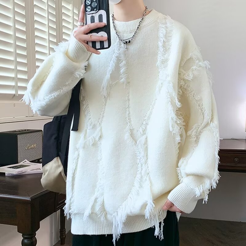 Dame hyggelig strikpullover med trendy frynser og unikke strikdetaljer Stilla