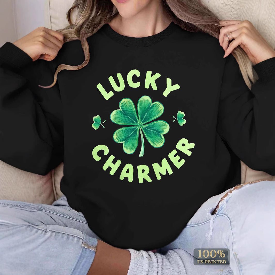 Kvinders sweatshirt med trendy kløverdesign og inspirerende tekst Stilla