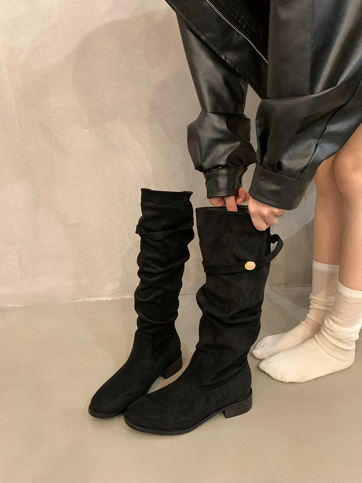 Femme Slouchy Suede Knælange Støvler med Dekorativ Knap Stilla