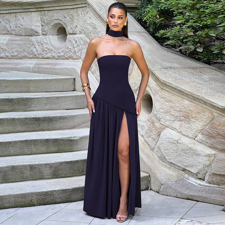 Dame Strapless Maxikjole med side split og Choker Stilla