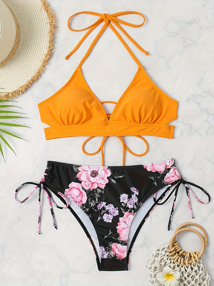 Dame bikini-sæt med dyb V-hals og floral høj talje trussen Stilla