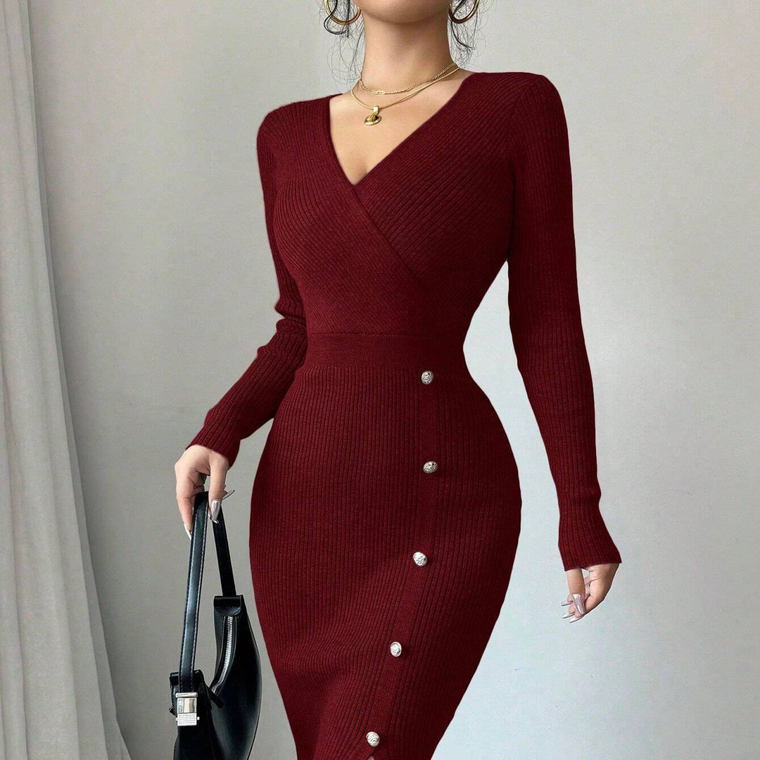Dame Elegant Ribbet Strik-Midi-Kjole med Knapdetalje Stilla