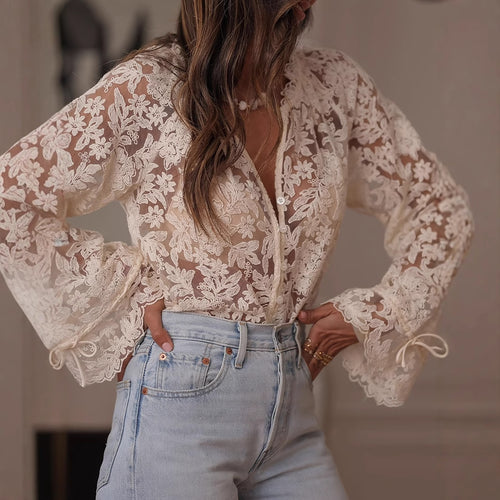 Dame gennemsigtig bluse med blomster broderier og vide ærmer Skovae