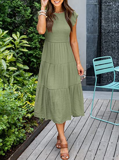 Stilla | Solid Farvet Rund Hals Cap Sleeve Løs Maxi Kjole