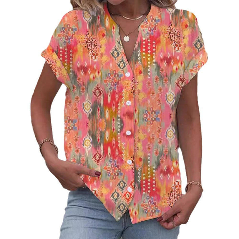 Dame kortærmet bluse med kunstnerisk Ikat-design Stilla