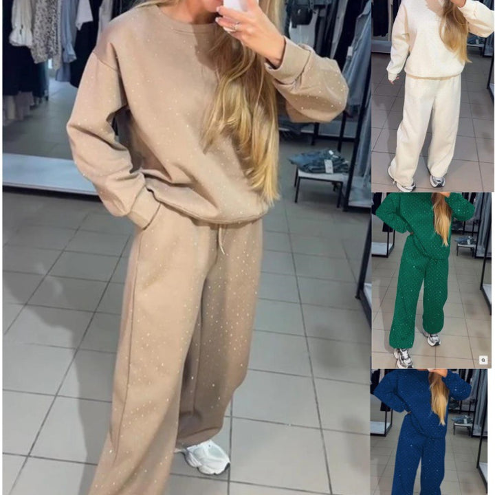 Dame hyggeligt sweatshirt-sæt med fine prikker og elastisk bånd Stilla