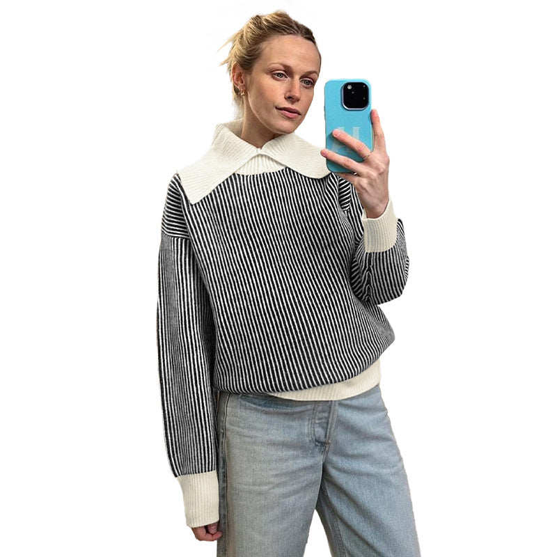Dame sweater med fashionable stripe mønster og elegant krave Stilla