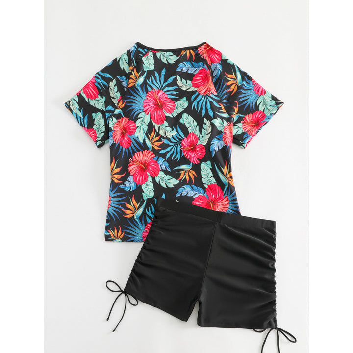 Dame Surf-badehnit-sæt med blomsteret kortærmet overdel og komfortable shorts Skovae