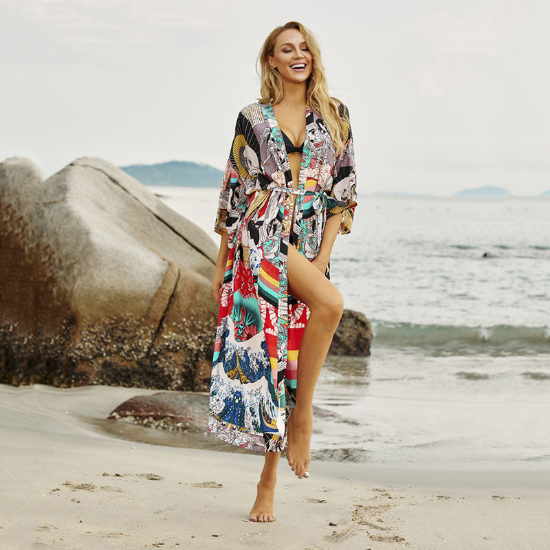Dame Strandkimono med elegant mønster og sidelidsStilla