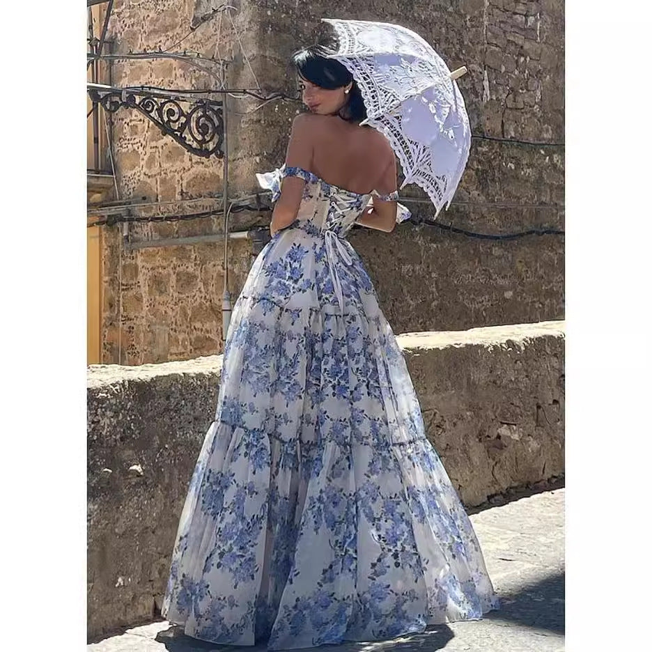 Damer Elegant Maxi Kjole med Blomster Chiffon og Flared Nederdel Skovae